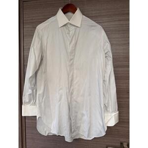 ZILLI Men's Dress Shirt 39 15.5 White Pinstripe, French Cuffs, Contrast Collar